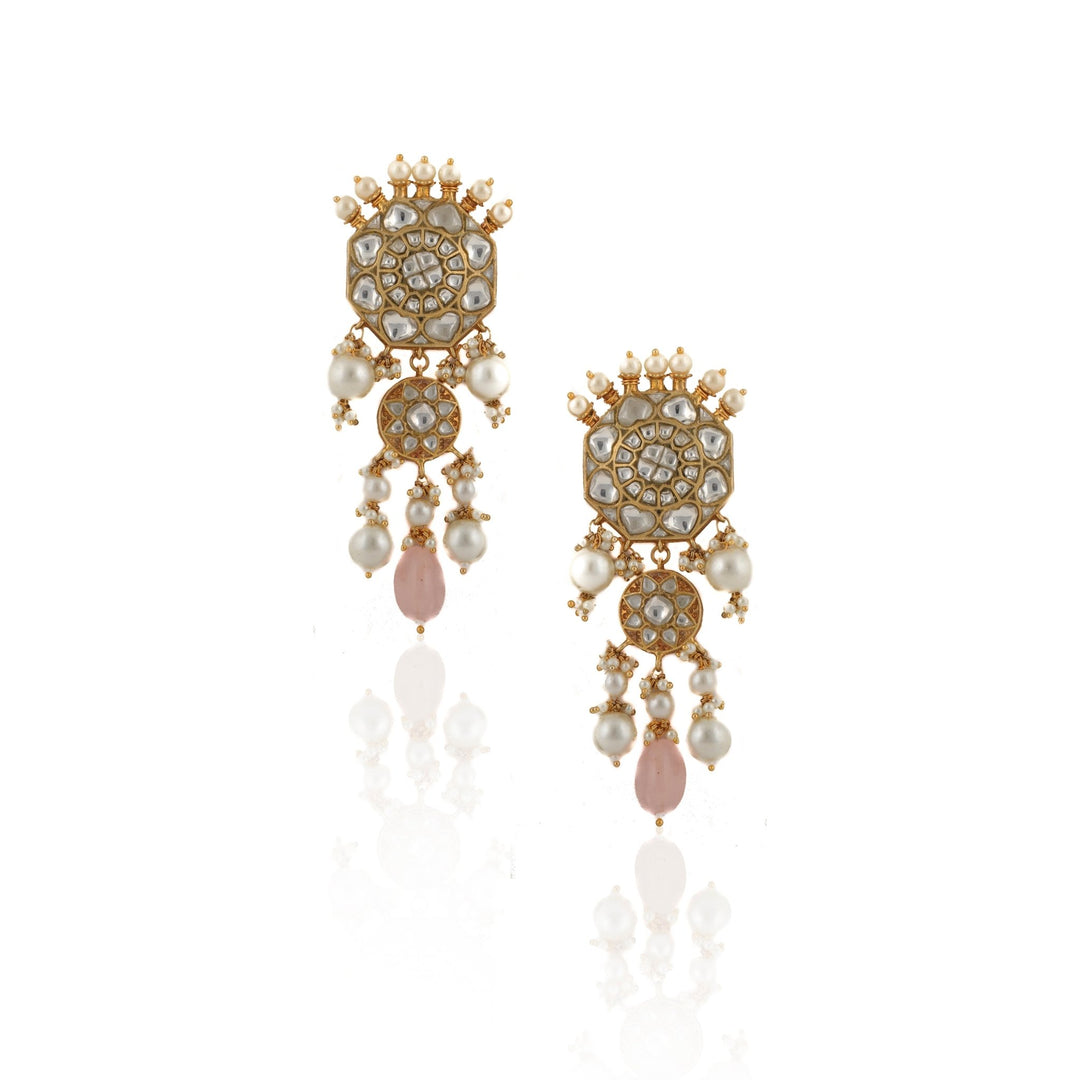 White Jadtar Stone Earrings With Pearl And Light Pink Beads Riana by Shikha Jindal - Fabilicious Fashion