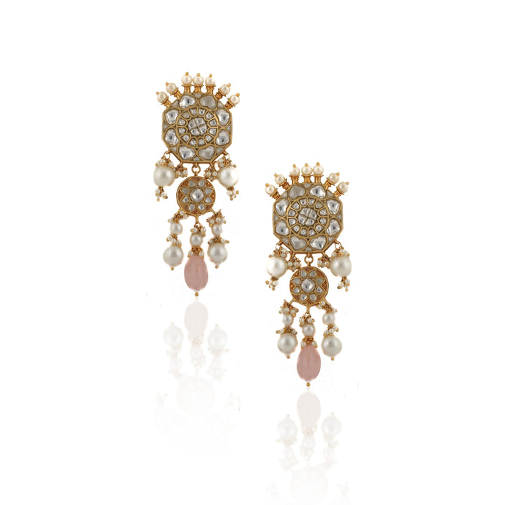White Jadtar Stone Earrings With Pearl And Light Pink Beads Riana by Shikha Jindal - Fabilicious Fashion