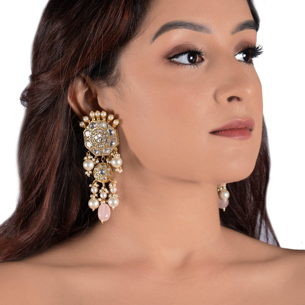 White Jadtar Stone Earrings With Pearl And Light Pink Beads Riana by Shikha Jindal - Fabilicious Fashion