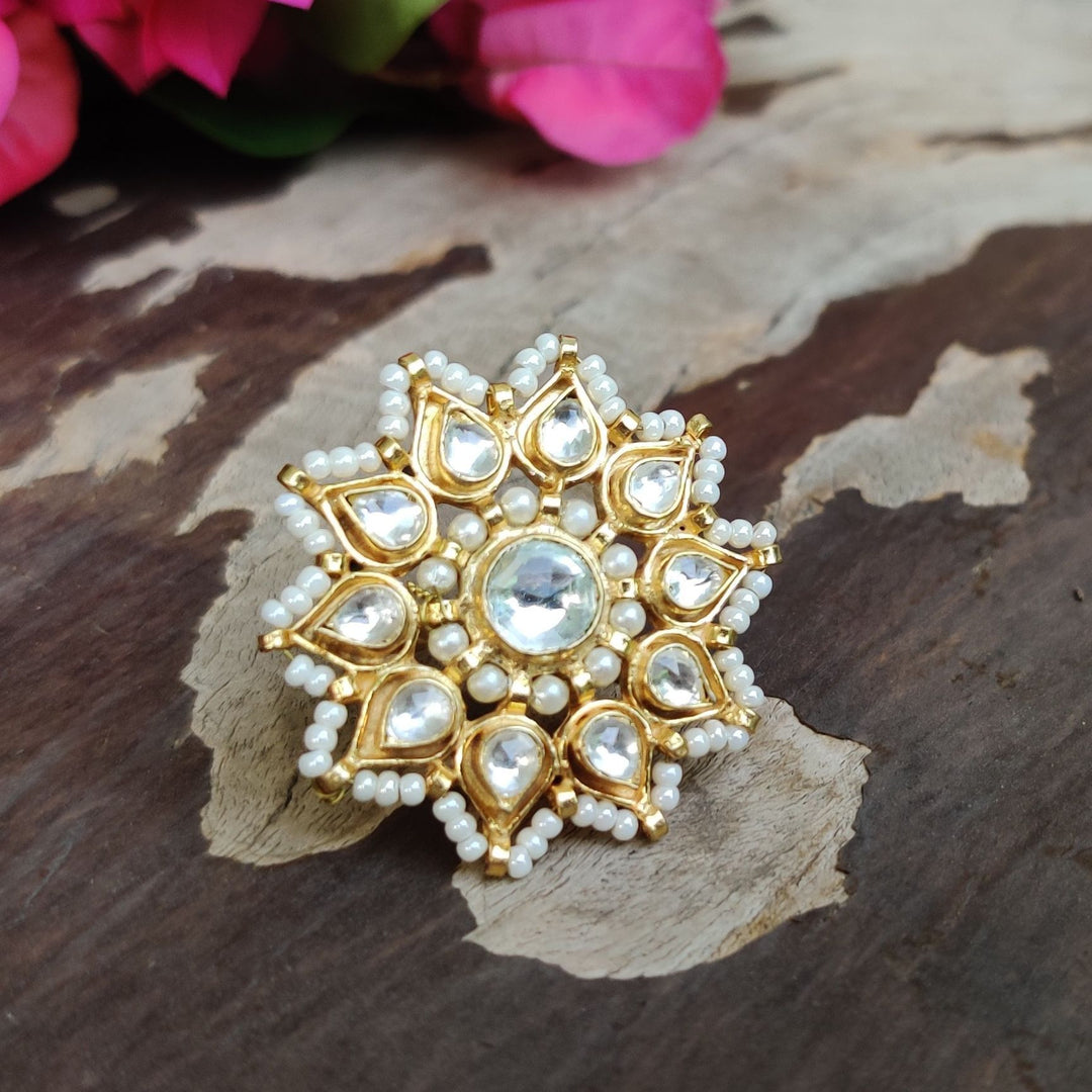 White Jadtar Stone Flower Ring In Moti Work Riana by Shikha Jindal - Fabilicious Fashion