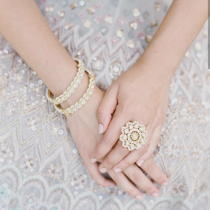 White Jadtar Stone Flower Ring In Moti Work Riana by Shikha Jindal - Fabilicious Fashion