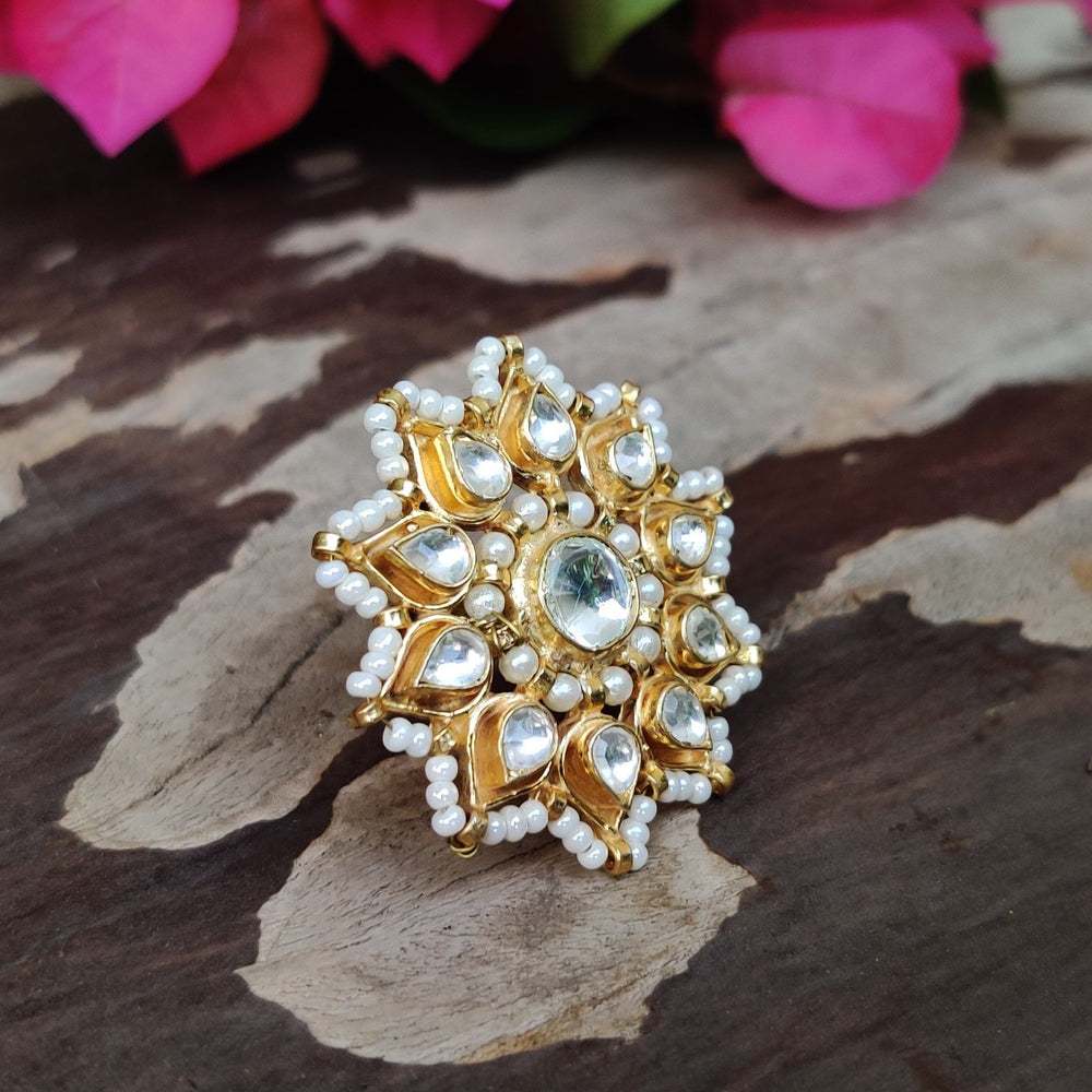 White Jadtar Stone Flower Ring In Moti Work Riana by Shikha Jindal - Fabilicious Fashion