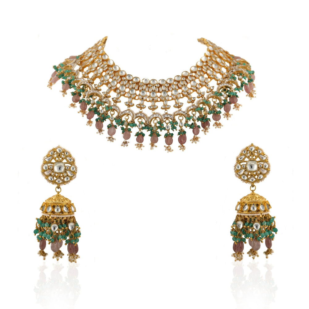 White Jadtar Stone Heavy Bridal Necklace Set Pastel Pink Beads And Jhumki Riana by Shikha Jindal - Fabilicious Fashion