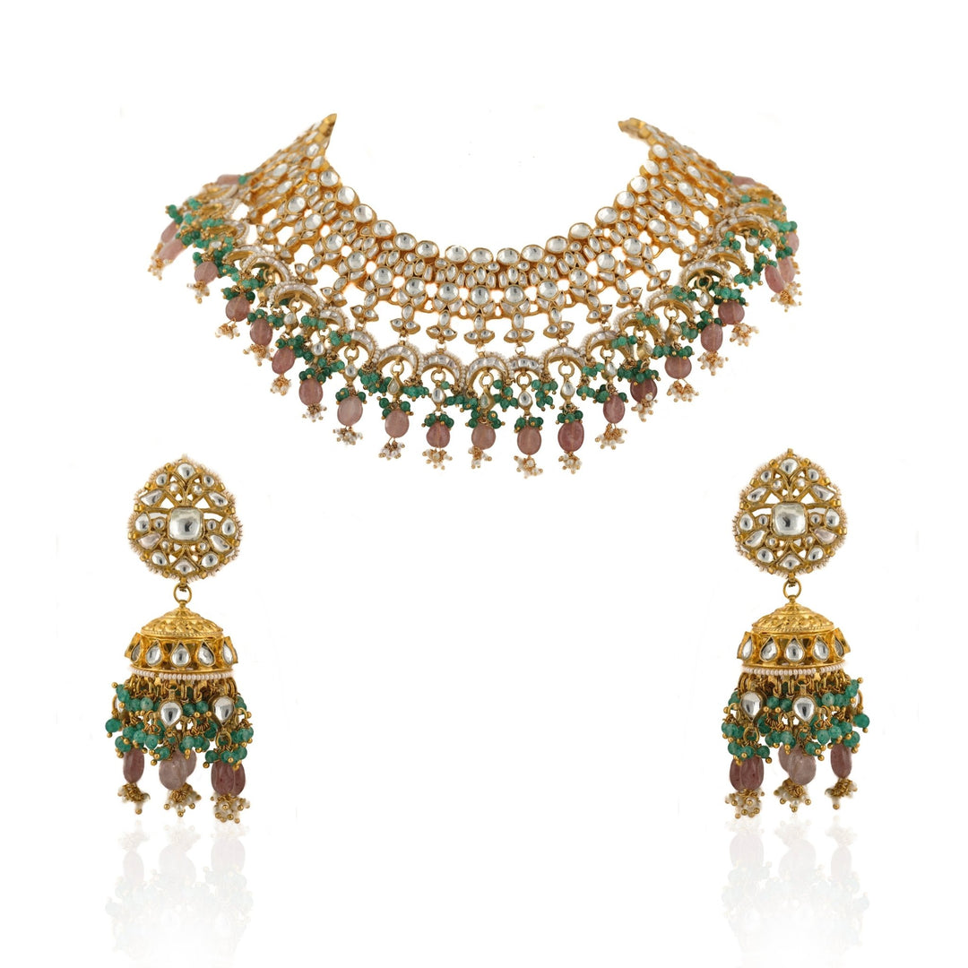 White Jadtar Stone Heavy Bridal Necklace Set Pastel Pink Beads And Jhumki Riana by Shikha Jindal - Fabilicious Fashion