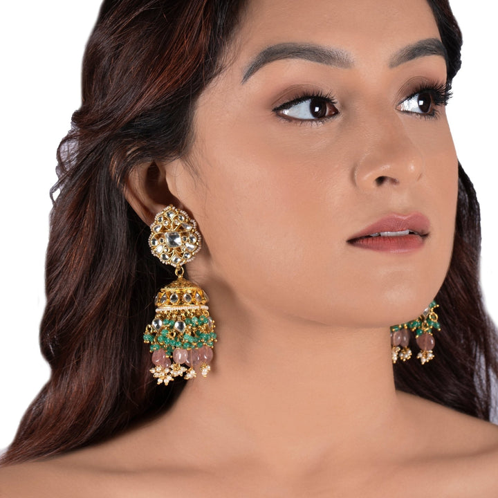 White Jadtar Stone Heavy Bridal Necklace Set Pastel Pink Beads And Jhumki Riana by Shikha Jindal - Fabilicious Fashion