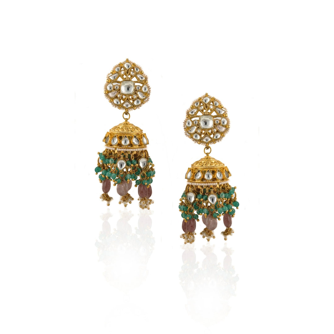 White Jadtar Stone Heavy Bridal Necklace Set Pastel Pink Beads And Jhumki Riana by Shikha Jindal - Fabilicious Fashion
