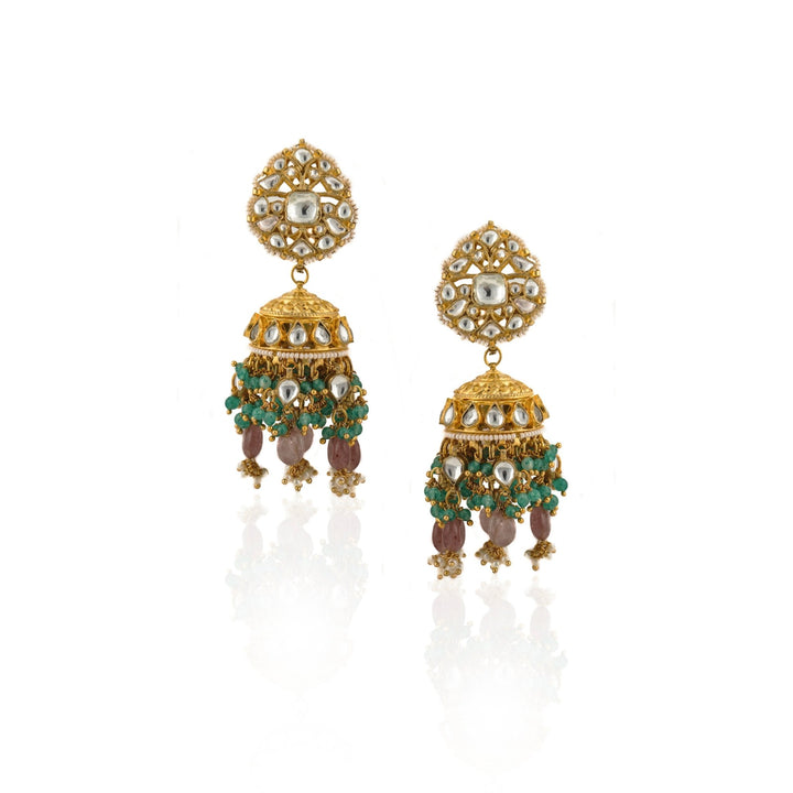 White Jadtar Stone Heavy Bridal Necklace Set Pastel Pink Beads And Jhumki Riana by Shikha Jindal - Fabilicious Fashion