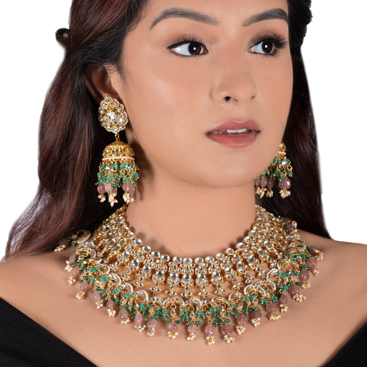 White Jadtar Stone Heavy Bridal Necklace Set Pastel Pink Beads And Jhumki Riana by Shikha Jindal - Fabilicious Fashion