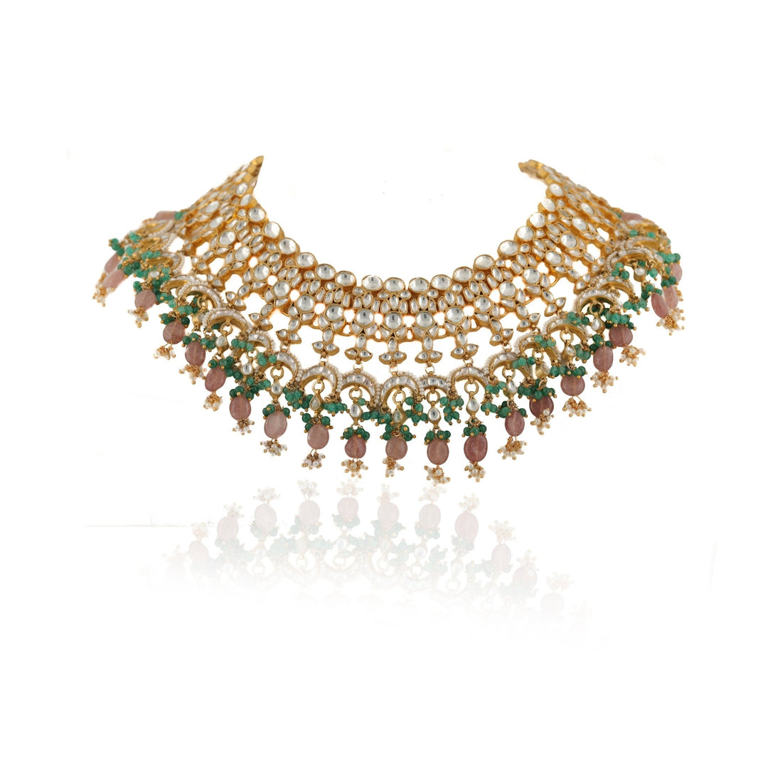 White Jadtar Stone Heavy Bridal Necklace Set Pastel Pink Beads And Jhumki Riana by Shikha Jindal - Fabilicious Fashion