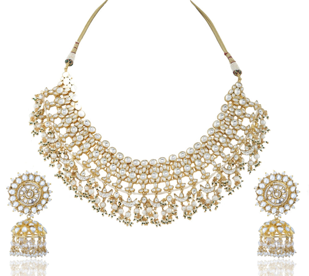 White Jadtar Stone Heavy Bridal Set With Pearl Riana by Shikha Jindal - Fabilicious Fashion