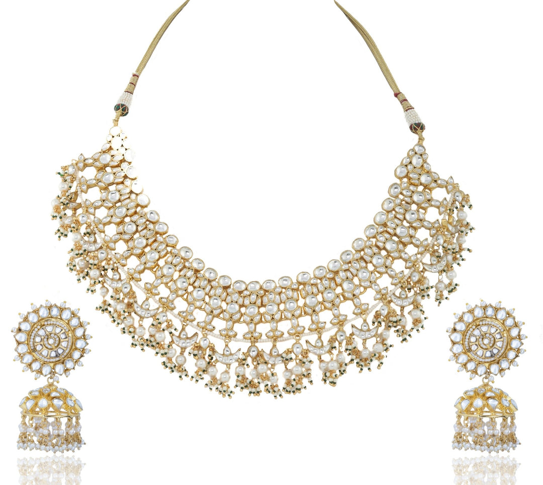 White Jadtar Stone Heavy Bridal Set With Pearl Riana by Shikha Jindal - Fabilicious Fashion