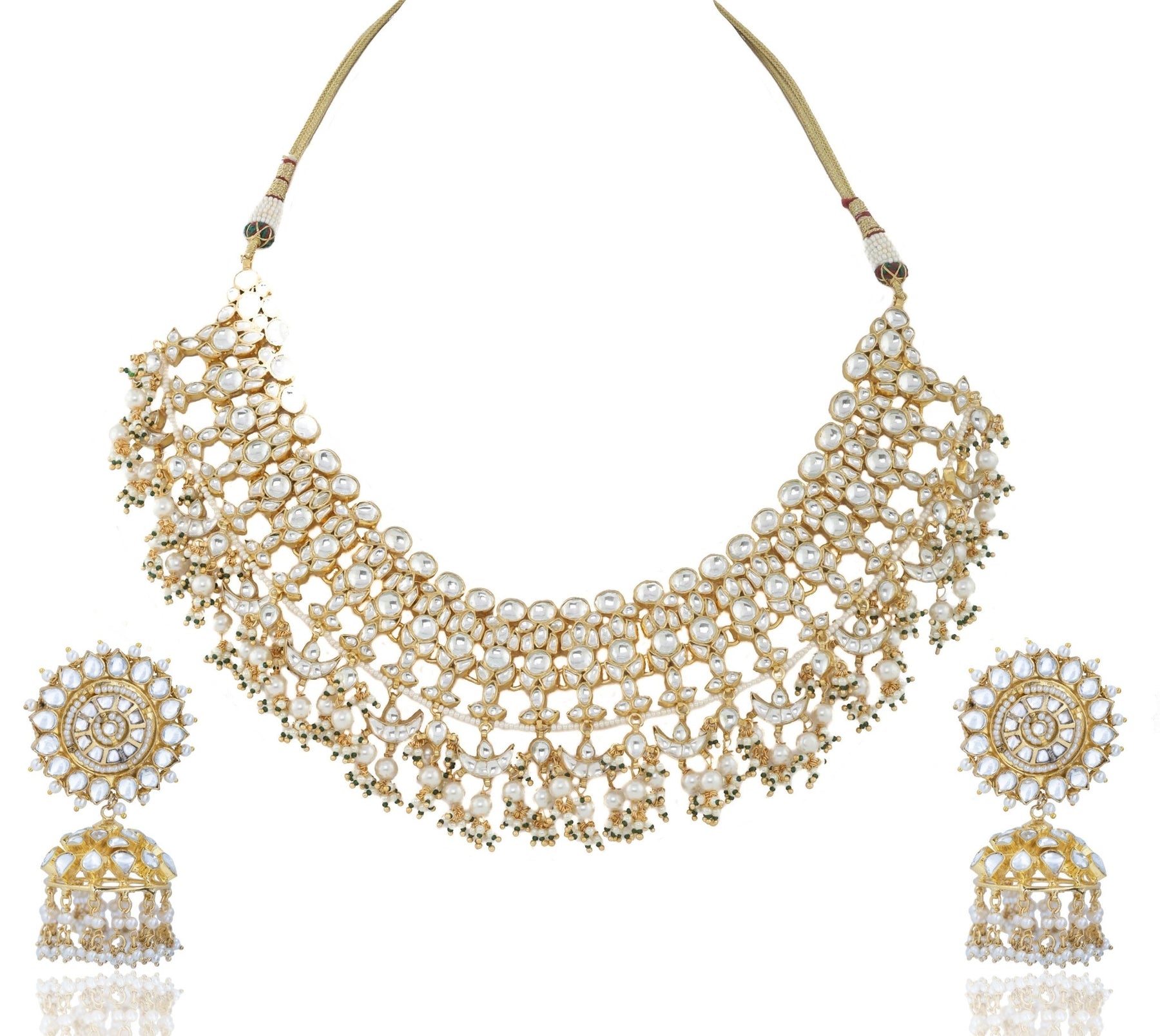White Jadtar Stone Heavy Bridal Set With Pearl