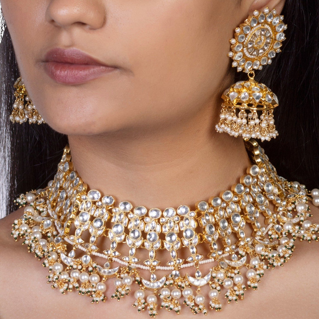 White Jadtar Stone Heavy Bridal Set With Pearl Riana by Shikha Jindal - Fabilicious Fashion
