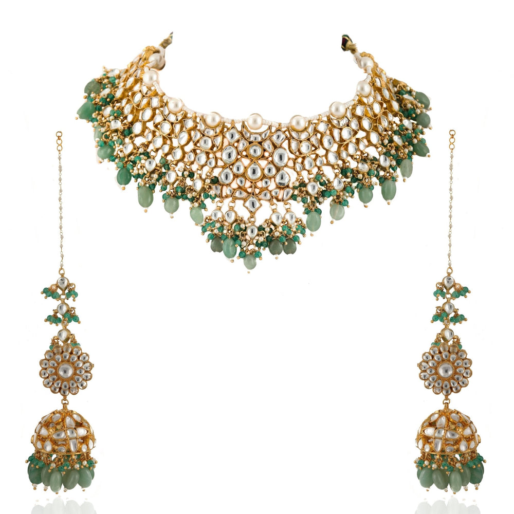 White Jadtar Stone Heavy Necklace With Pearl And Sea Green Beads With Jhumki Riana by Shikha Jindal - Fabilicious Fashion