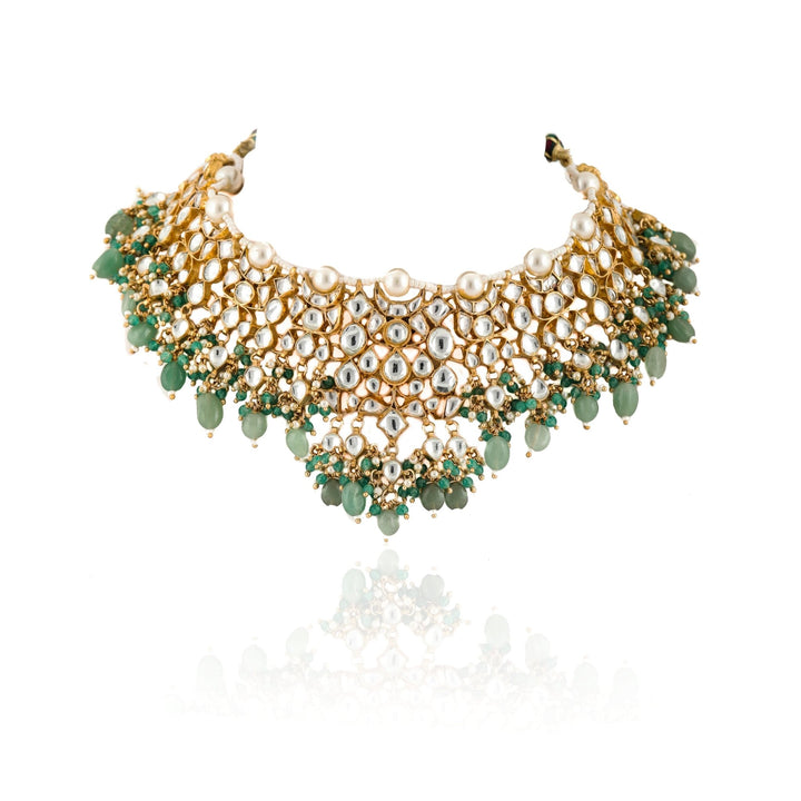 White Jadtar Stone Heavy Necklace With Pearl And Sea Green Beads With Jhumki Riana by Shikha Jindal - Fabilicious Fashion