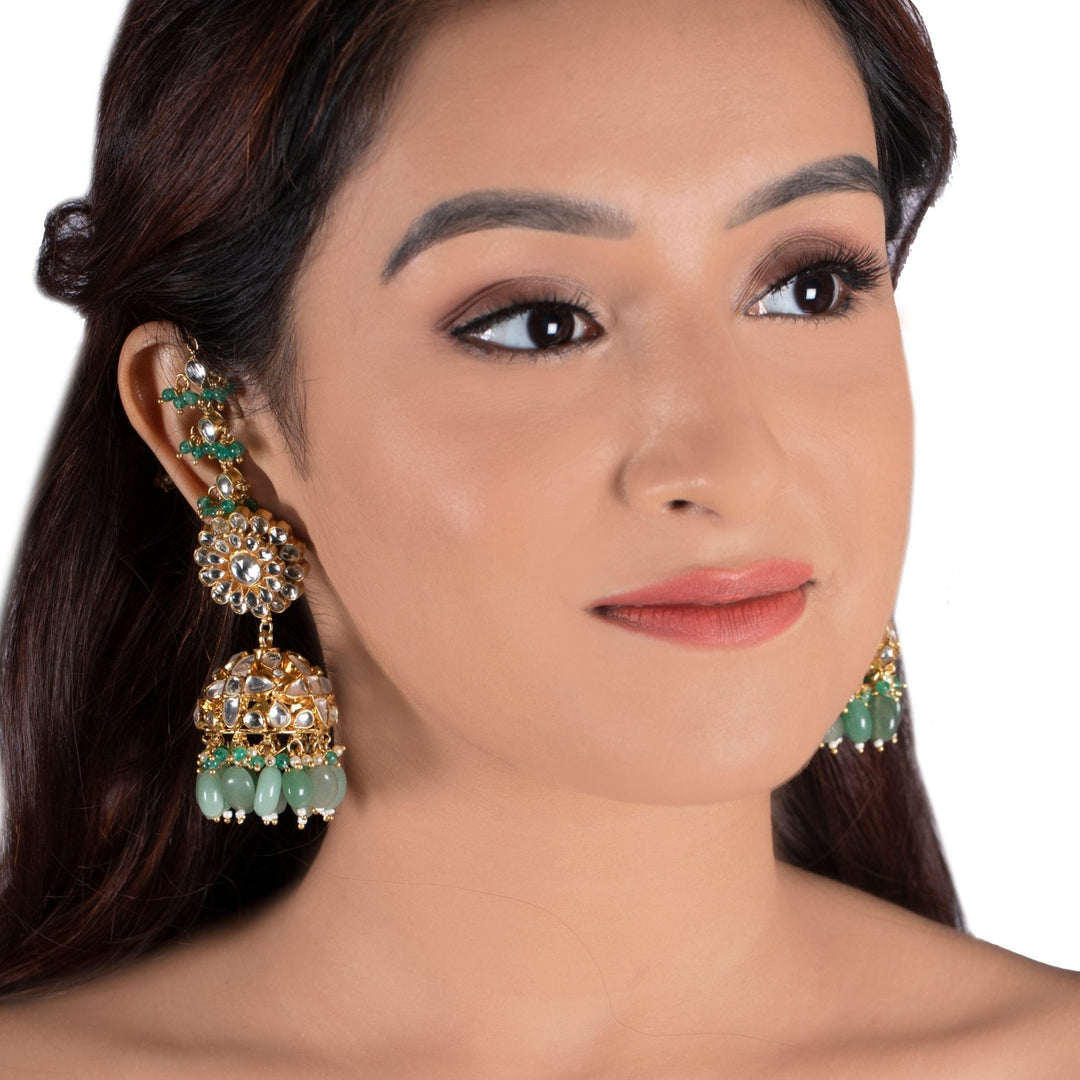 White Jadtar Stone Heavy Necklace With Pearl And Sea Green Beads With Jhumki Riana by Shikha Jindal - Fabilicious Fashion