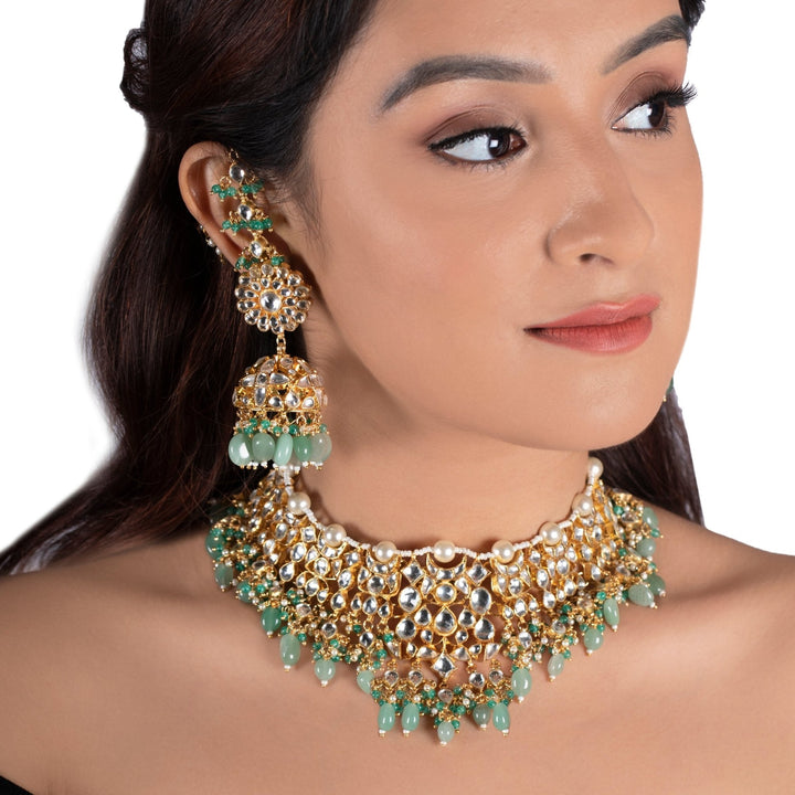 White Jadtar Stone Heavy Necklace With Pearl And Sea Green Beads With Jhumki Riana by Shikha Jindal - Fabilicious Fashion