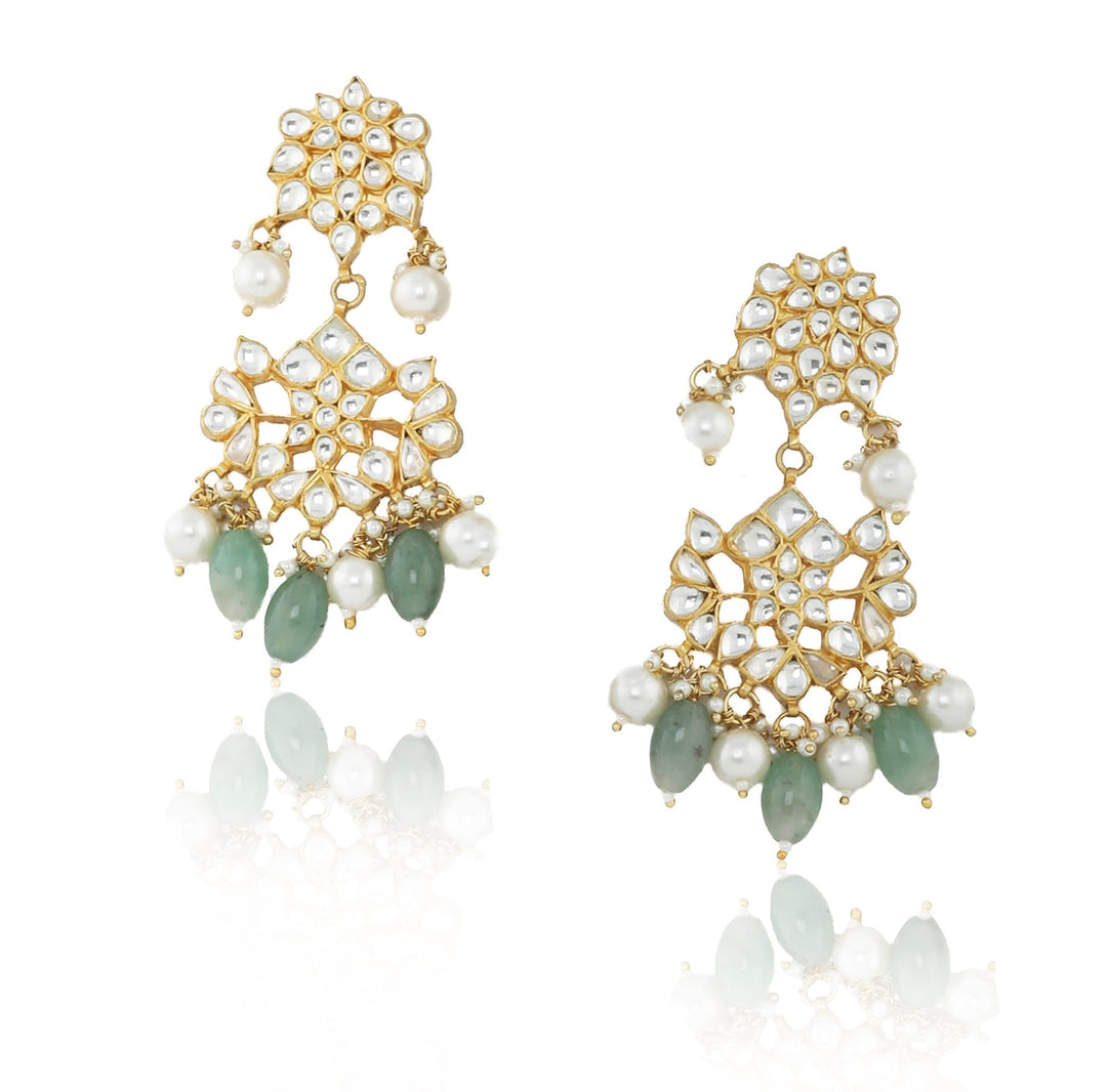 White Jadtar Stone Peacock Long Pendant Set With Sea Green Beads Riana by Shikha Jindal - Fabilicious Fashion