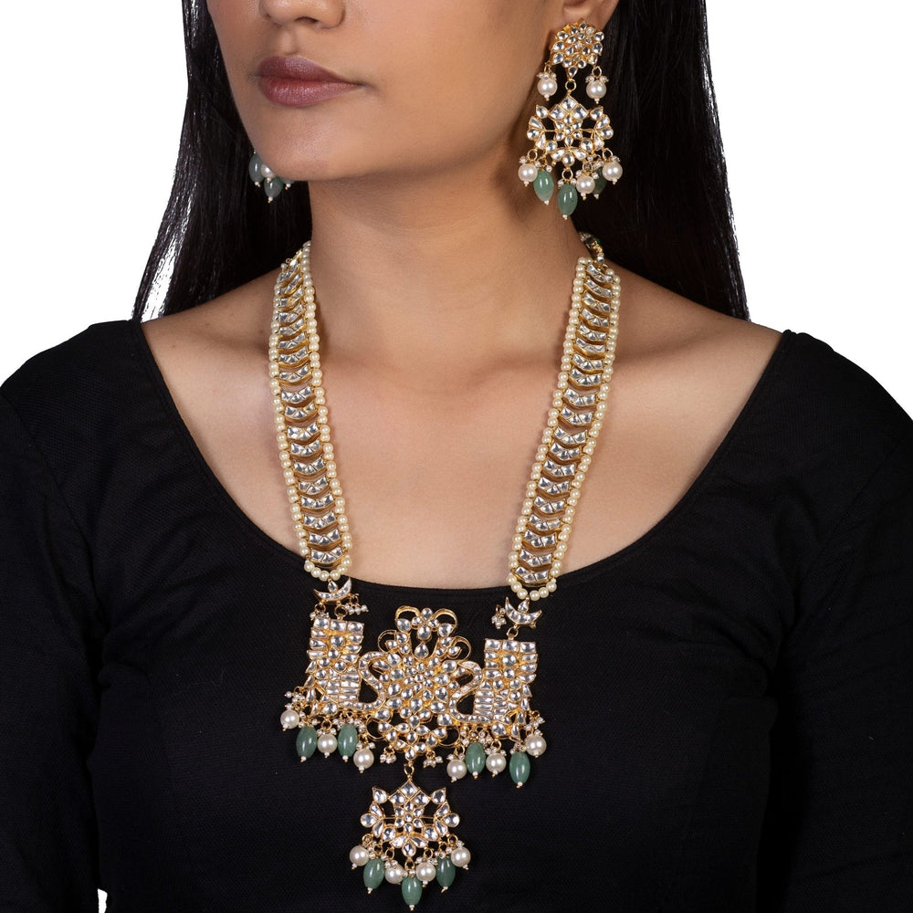 White Jadtar Stone Peacock Long Pendant Set With Sea Green Beads Riana by Shikha Jindal - Fabilicious Fashion