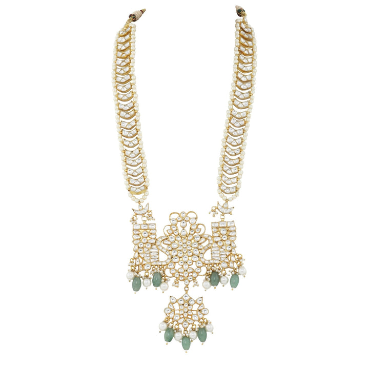 White Jadtar Stone Peacock Long Pendant Set With Sea Green Beads Riana by Shikha Jindal - Fabilicious Fashion