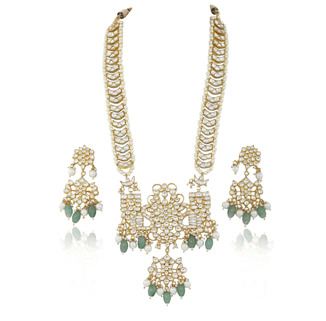 White Jadtar Stone Peacock Long Pendant Set With Sea Green Beads Riana by Shikha Jindal - Fabilicious Fashion