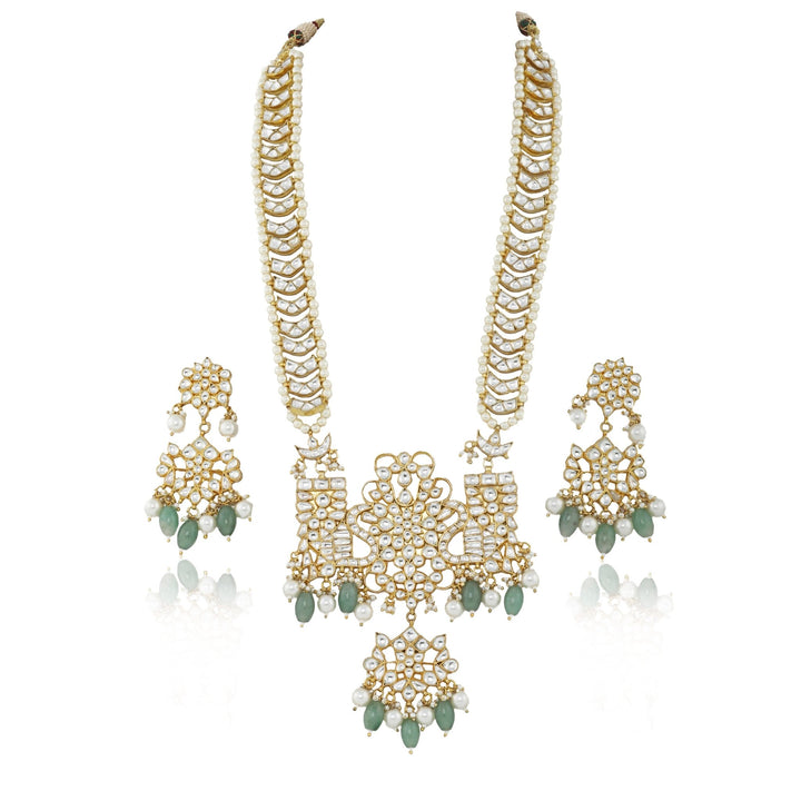 White Jadtar Stone Peacock Long Pendant Set With Sea Green Beads Riana by Shikha Jindal - Fabilicious Fashion