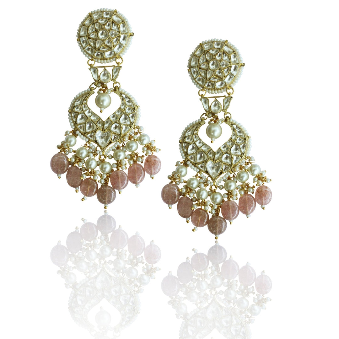 White Kundan Earrings With 2 Layer Pearl and Pastel Pink Beads Riana by Shikha Jindal - Fabilicious Fashion
