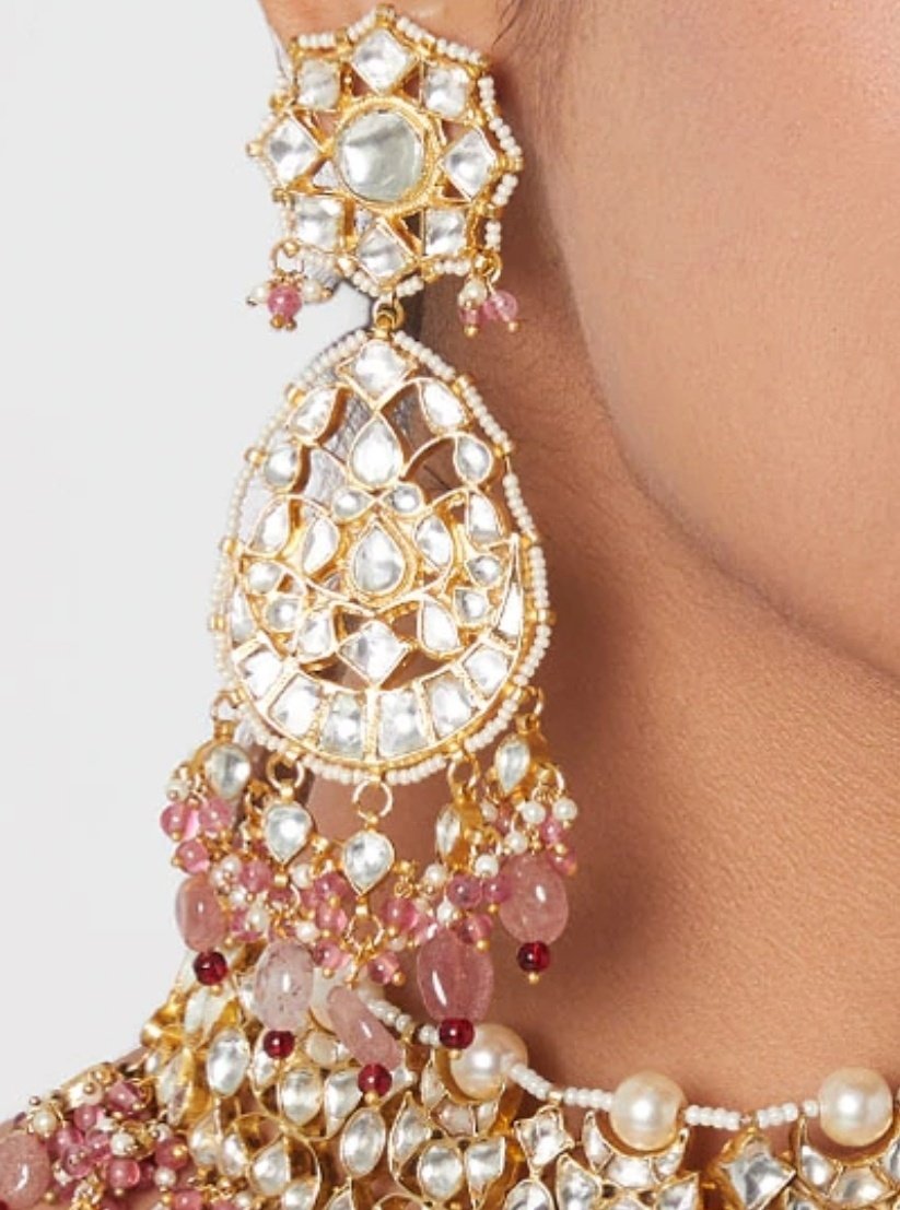 White Kundan Necklace with Beaded Moti and Pearl Line and Pastel Pink Beads Riana by Shikha Jindal - Fabilicious Fashion