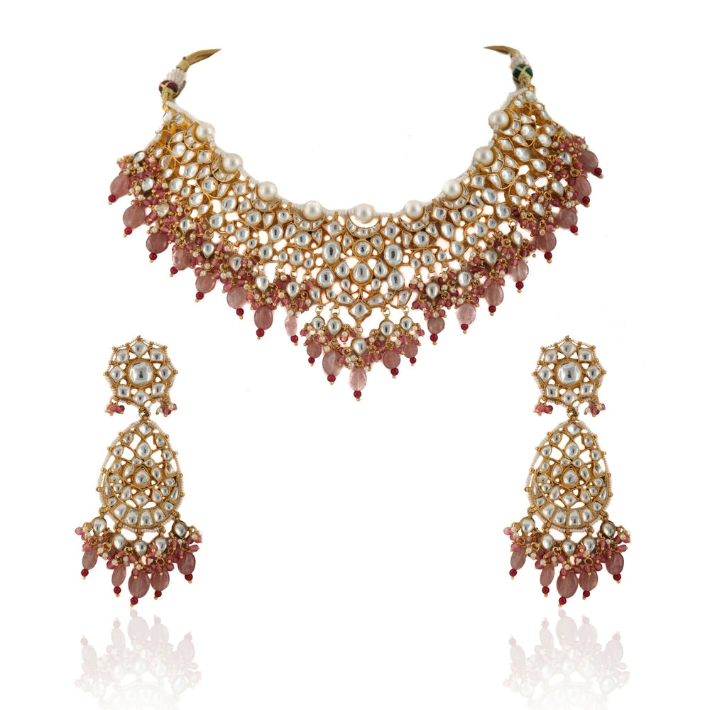 White Kundan Necklace with Beaded Moti and Pearl Line and Pastel Pink Beads Riana by Shikha Jindal - Fabilicious Fashion
