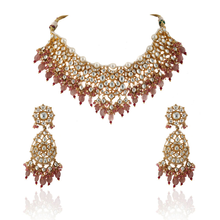 White Kundan Necklace with Beaded Moti and Pearl Line and Pastel Pink Beads Riana by Shikha Jindal - Fabilicious Fashion