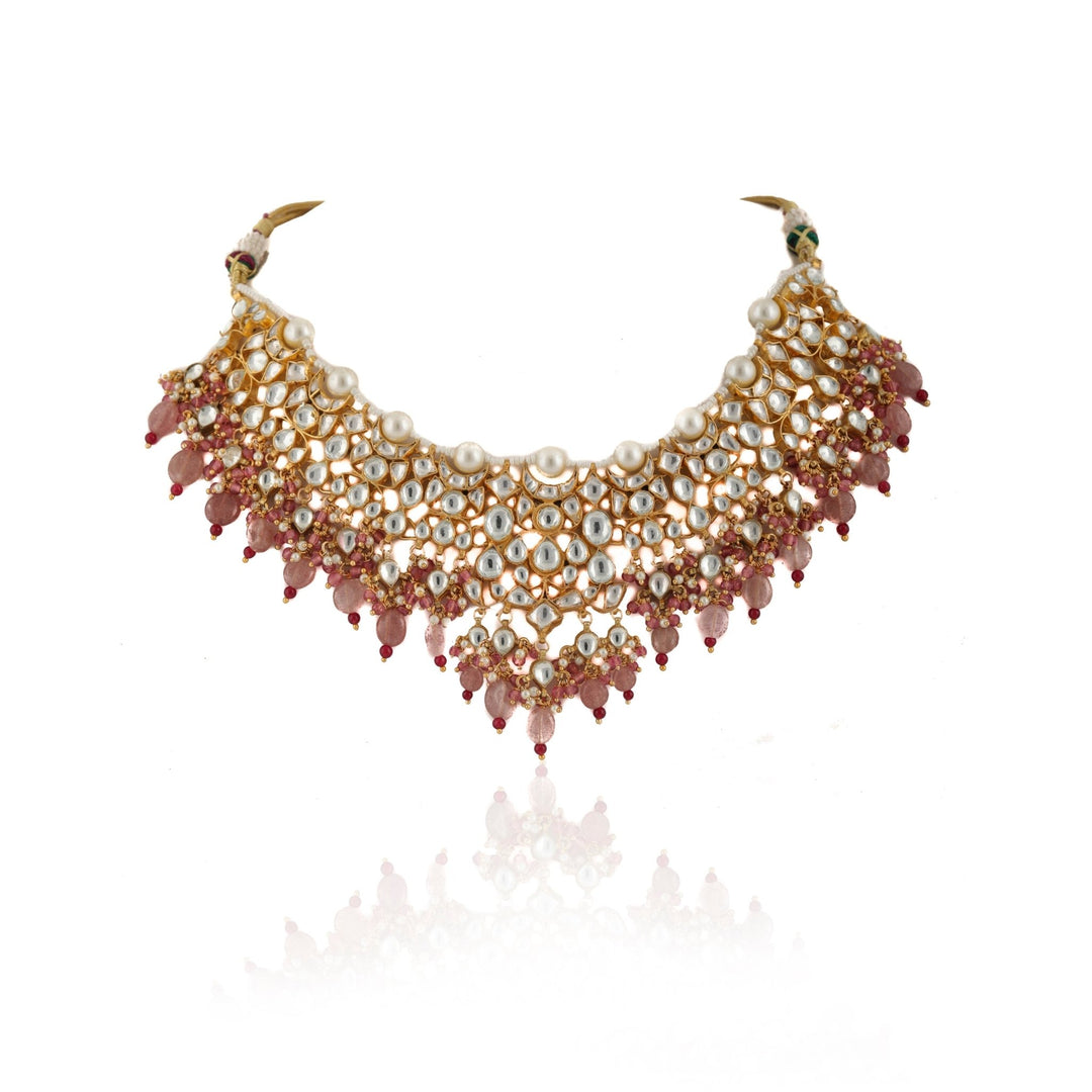 White Kundan Necklace with Beaded Moti and Pearl Line and Pastel Pink Beads Riana by Shikha Jindal - Fabilicious Fashion
