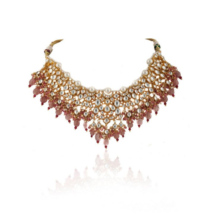 White Kundan Necklace with Beaded Moti and Pearl Line and Pastel Pink Beads Riana by Shikha Jindal - Fabilicious Fashion