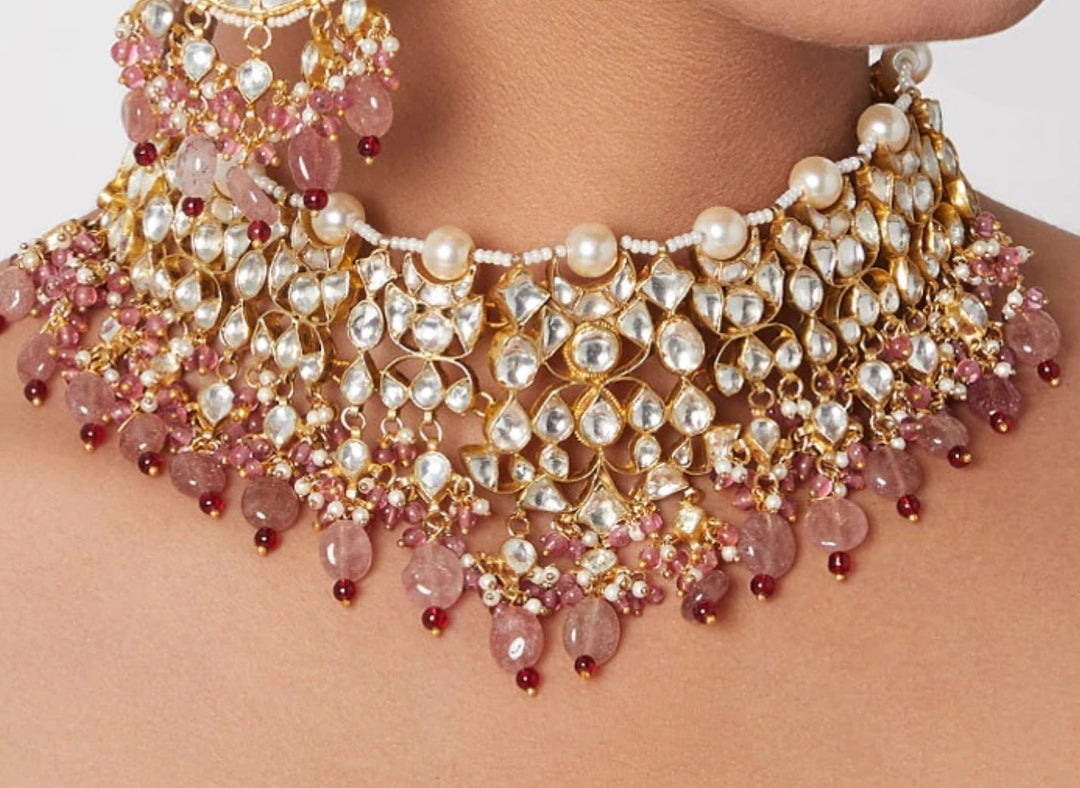 White Kundan Necklace with Beaded Moti and Pearl Line and Pastel Pink Beads Riana by Shikha Jindal - Fabilicious Fashion