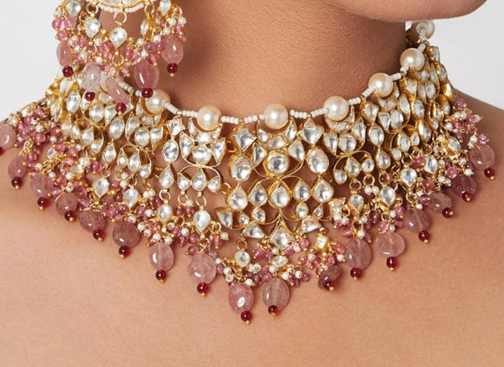 White Kundan Necklace with Beaded Moti and Pearl Line and Pastel Pink Beads Riana by Shikha Jindal - Fabilicious Fashion