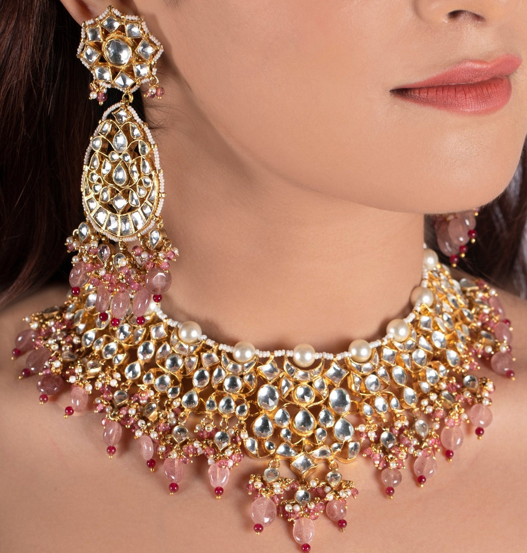 White Kundan Necklace with Beaded Moti and Pearl Line and Pastel Pink Beads Riana by Shikha Jindal - Fabilicious Fashion