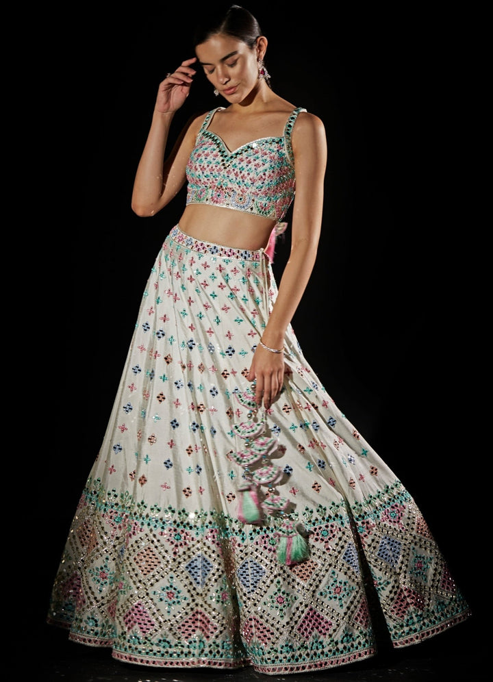 White Multi Colour Mirrorwork Lehenga Set Angad Singh - Fabilicious Fashion