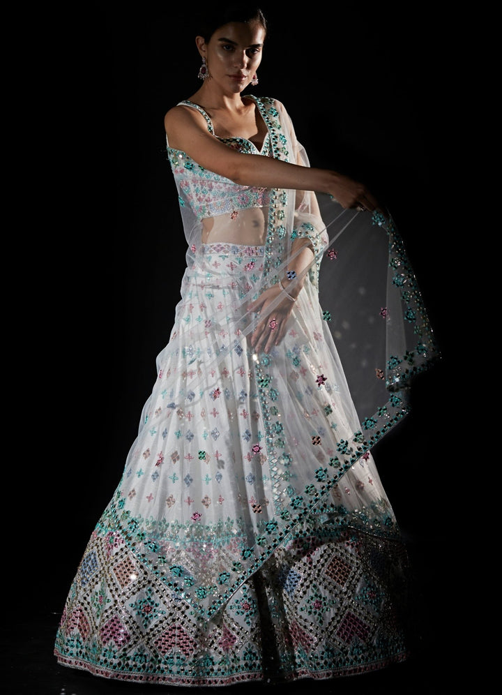 White Multi Colour Mirrorwork Lehenga Set Angad Singh - Fabilicious Fashion