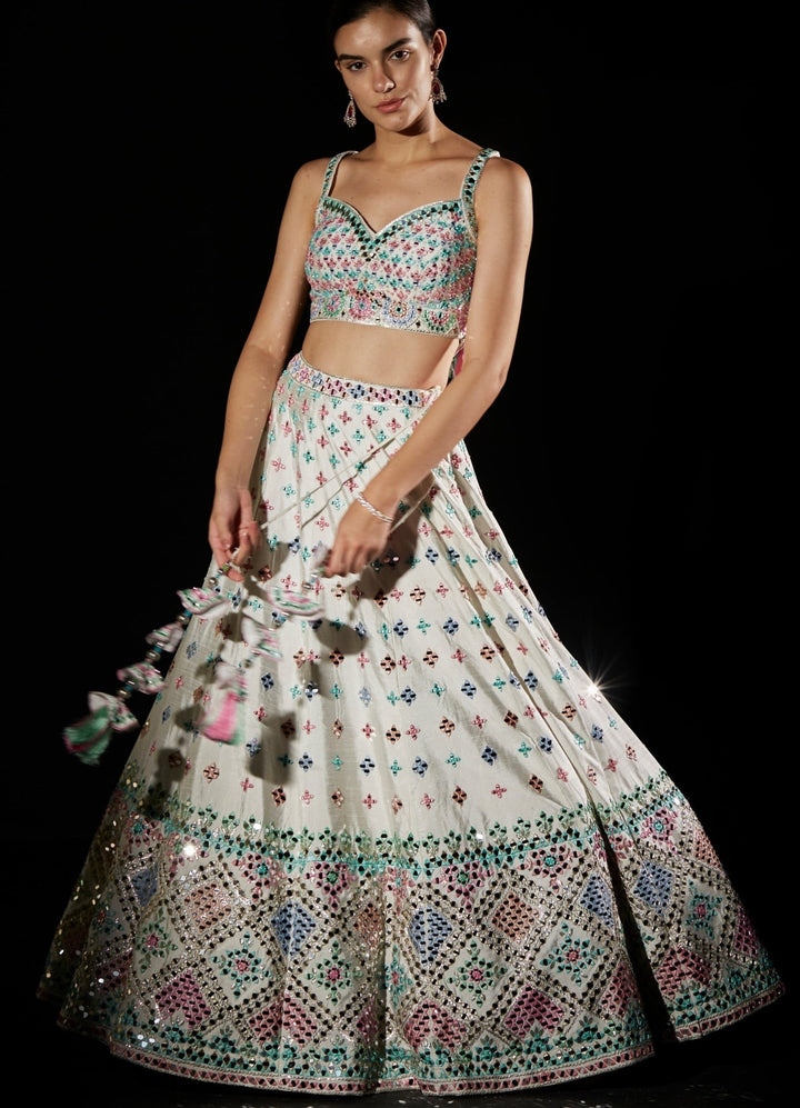 White Multi Colour Mirrorwork Lehenga Set Angad Singh - Fabilicious Fashion