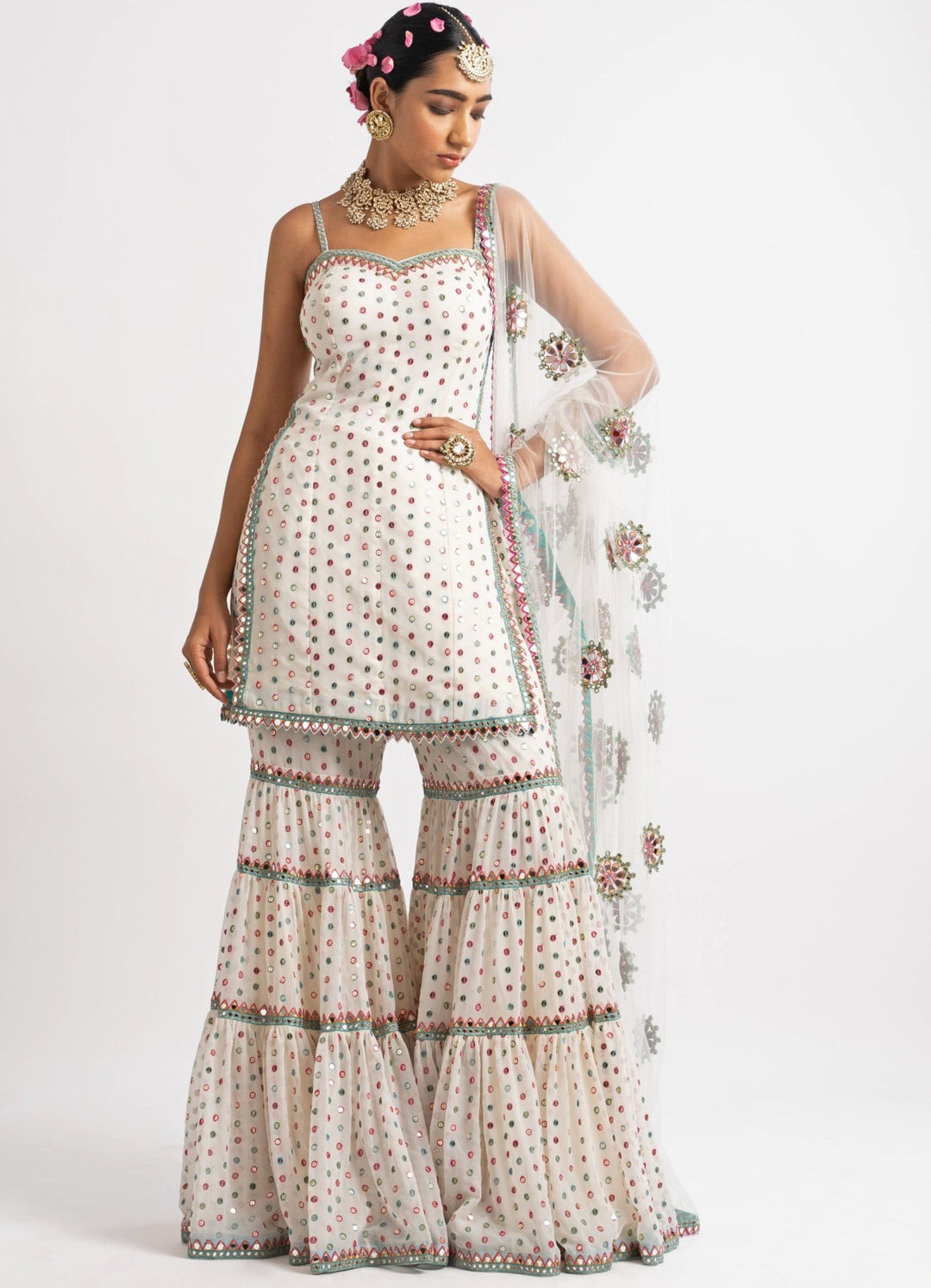 White Multi Tier Multi Color Sharara Set Vvani by Vani Vats - Fabilicious Fashion