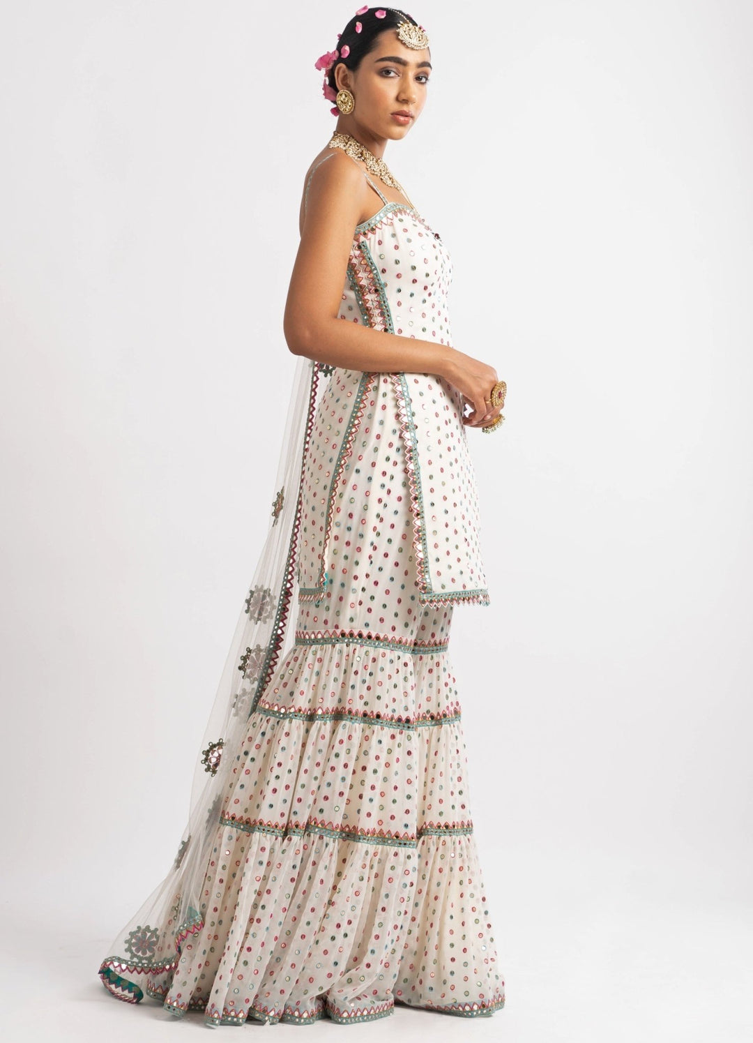 White Multi Tier Multi Color Sharara Set Vvani by Vani Vats - Fabilicious Fashion
