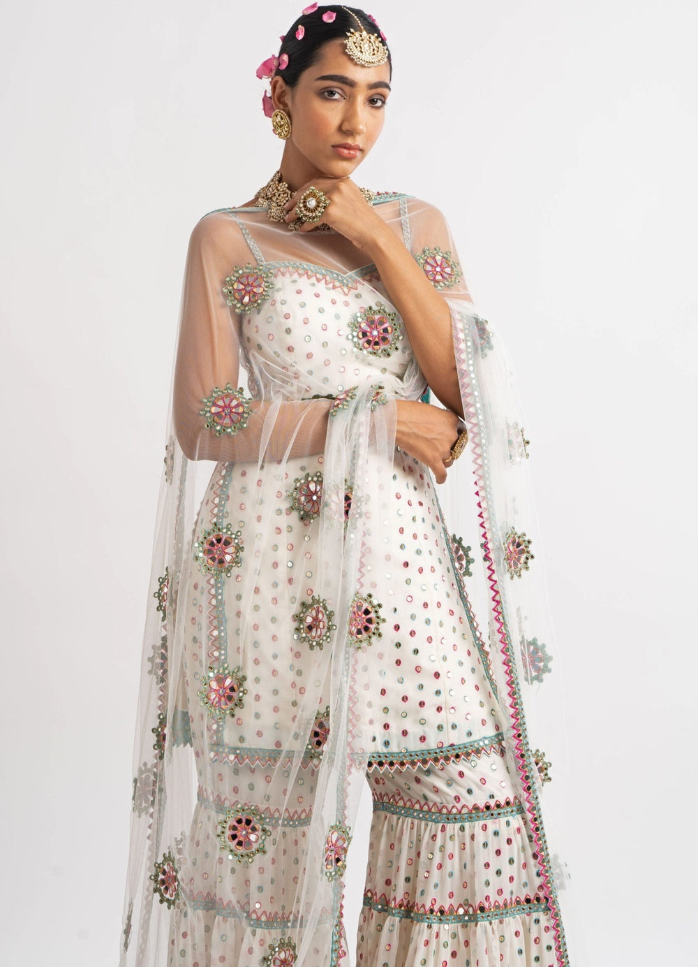 White Multi Tier Multi Color Sharara Set Vvani by Vani Vats - Fabilicious Fashion