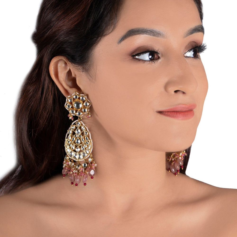 White Oval Earrings With Pastel Pink Beads and Moti Details Riana by Shikha Jindal - Fabilicious Fashion