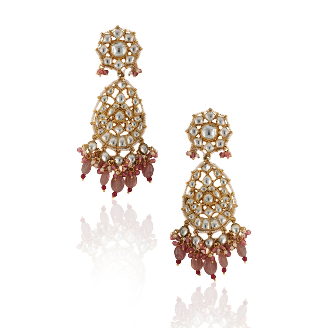 White Oval Earrings With Pastel Pink Beads and Moti Details Riana by Shikha Jindal - Fabilicious Fashion