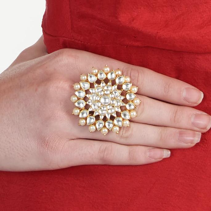 White Pearl Flower Ring Riana by Shikha Jindal - Fabilicious Fashion