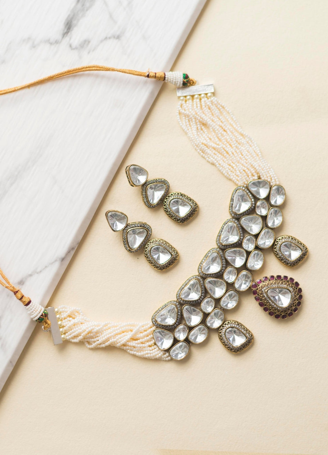 White Polki Choker Necklace With Multiple Pearl String Zevar By Geeta - Fabilicious Fashion
