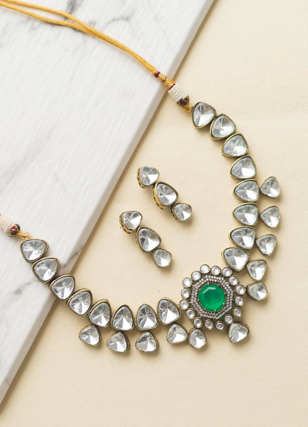 White Polki Necklace Set With Green Polki Stones Zevar By Geeta - Fabilicious Fashion