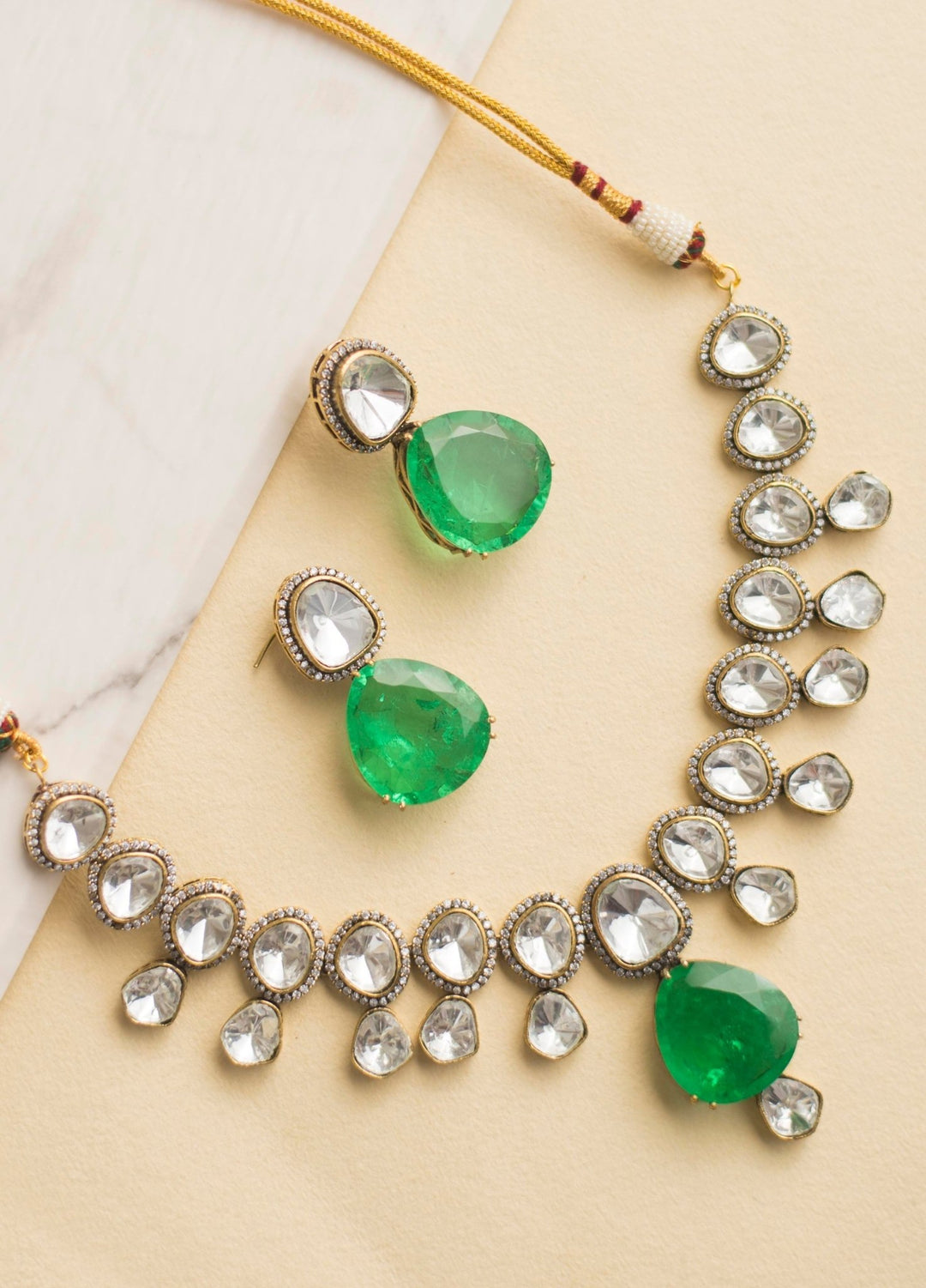 White Polki Necklace Set With Green Polki Stones Zevar By Geeta - Fabilicious Fashion