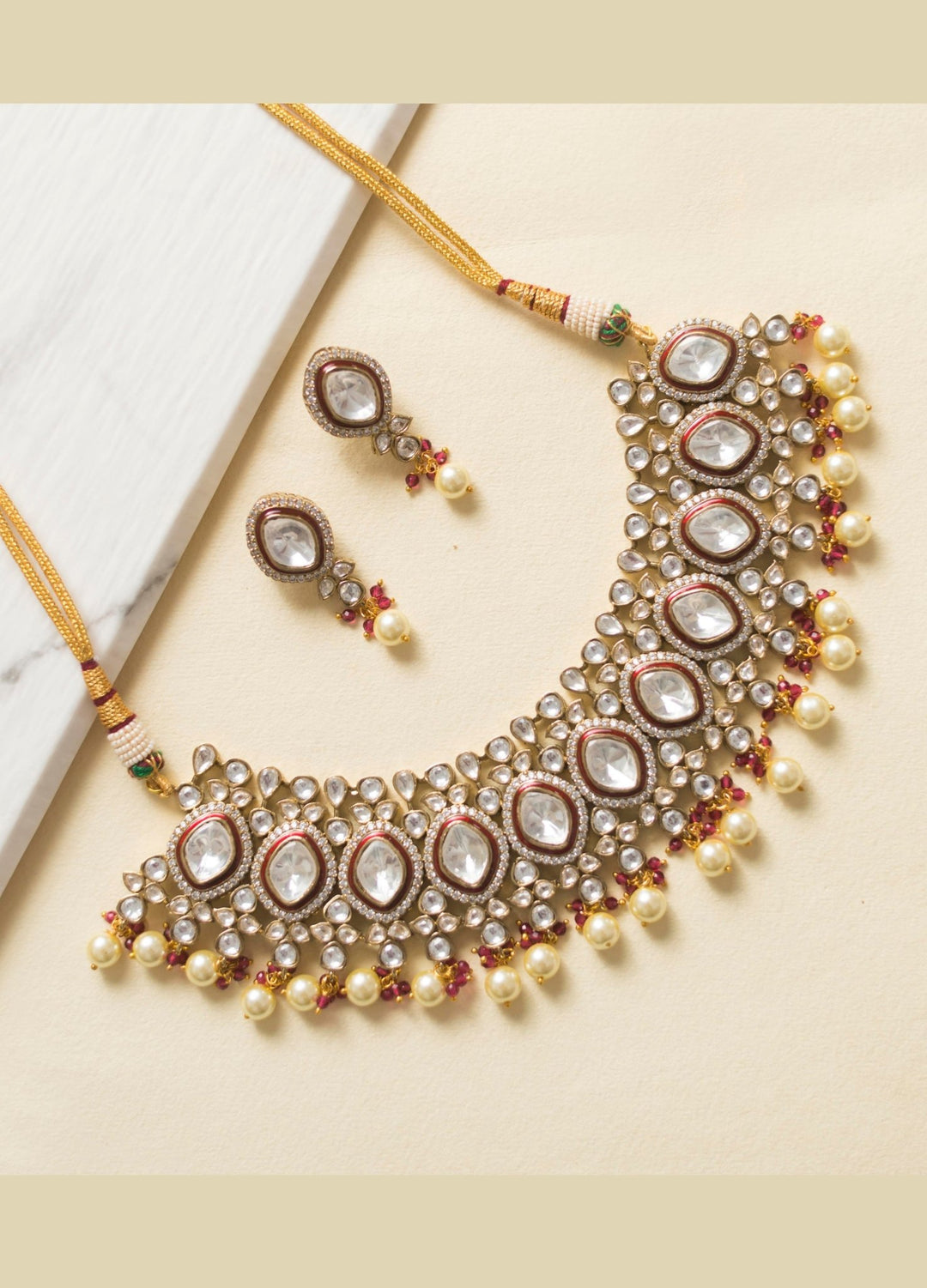 White Polki Necklace Set With Pearl Hangings Zevar By Geeta - Fabilicious Fashion