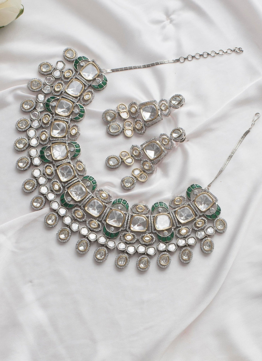 White Polki Necklace Set With Polki Stones Zevar By Geeta - Fabilicious Fashion
