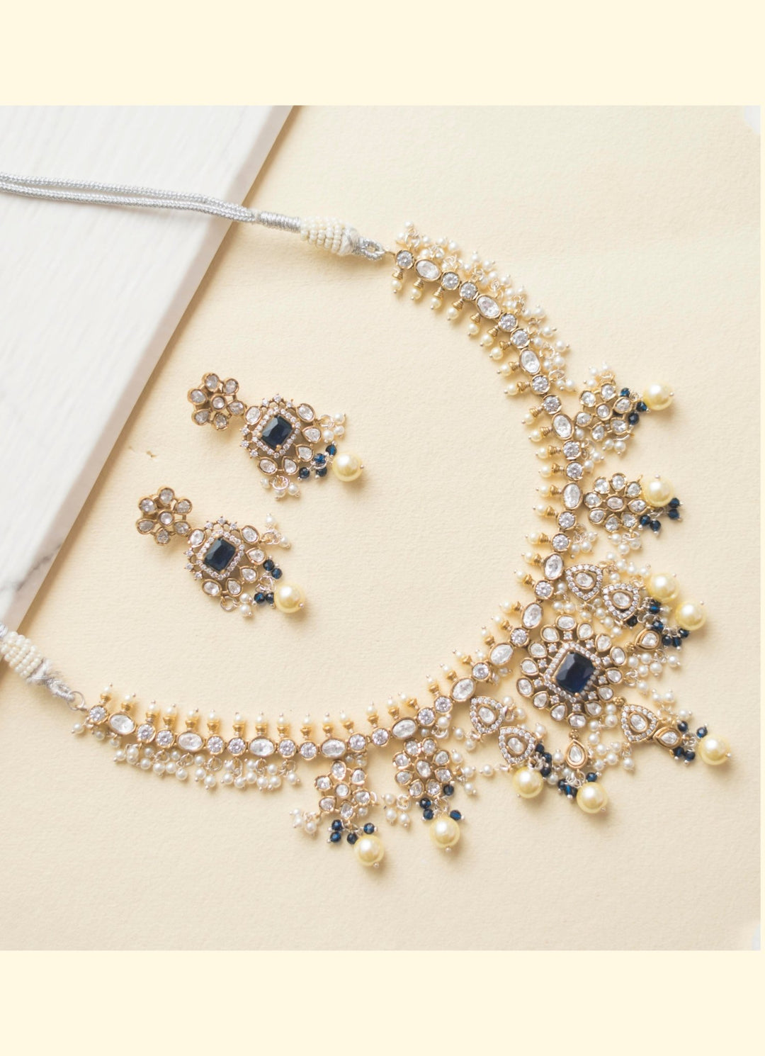 White Polki Necklace Set With Sapphire Stones And Pearls Zevar By Geeta - Fabilicious Fashion
